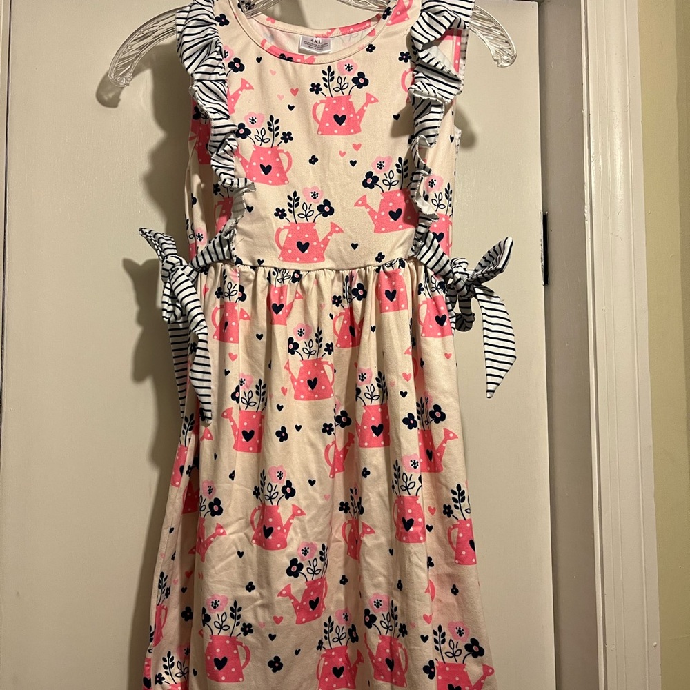 Pink Watering Can Print Girls' Casual Dress with Striped Tie Details